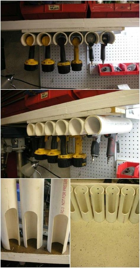 Power Tool Holders -- Finally, a place where all the power tools can be put -- need to find a place for all the battery chargers.... Design Interior Modern, Pvc Pipe Projects, Shed Organization, Pvc Projects, Garage Organize, Pvc Pipes, Smart Tiles, Cabinets Diy, Diy Garage Storage