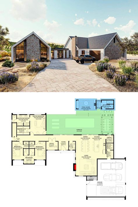 Two-Story Modern Style 5-Bedroom House Plan for a Wide Lot with Courtyard Entry Garage and Poolhouse 1000m2 House Plan, Ultra Modern House Plans, Scandinavian House Plan, Entertainment House, Gardening Beds, U Shaped House Plans, L Shaped House Plans, U Shaped Houses, Shaped House