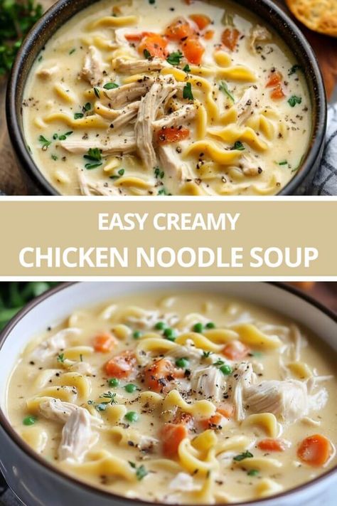 Creamy Chicken Noodle Soup Easy Creamy Chicken Noodle Soup, Creamy Chicken Noodle Soup Recipe, Easy Creamy Chicken, Creamy Chicken Noodle, Creamy Chicken Noodle Soup, Chicken Noodle Soup Recipe, Chicken Noodle Soup Easy, Noodle Soup Recipe, Carrots Celery