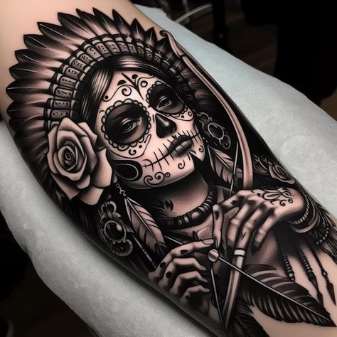 Catrina Apache con arco (IA) La Catrina Tattoo, Day Of The Dead Tattoo, Mexico Tattoo, Aztec Artwork, Cross Drawing, Mayan Tattoos, Catrina Tattoo, Mary Tattoo, All Black Tattoos