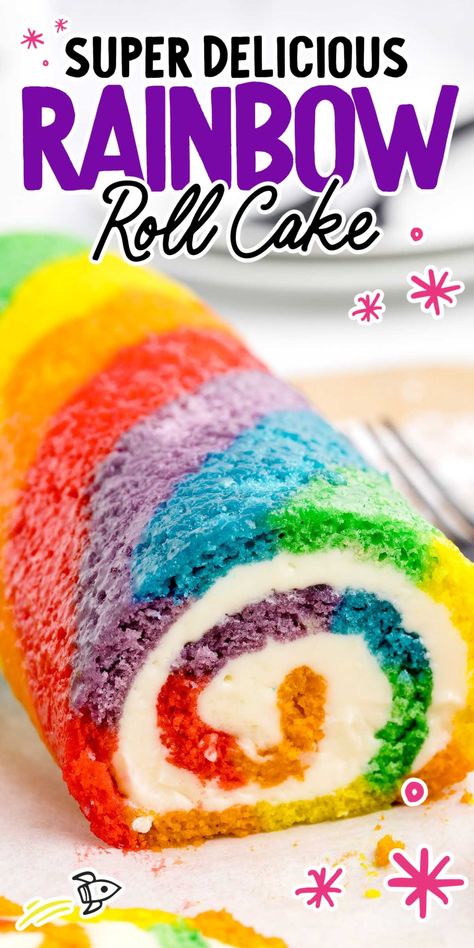 Rainbow Swiss Roll, Rainbow Roll Cake, Ho Cakes, Rainbow Cake Ideas, Bright Cakes, Rainbow Cake Recipe, Jelly Roll Cake, Rainbow Roll, Rainbow Desserts