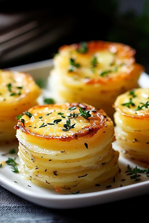 A plate of Mini Stacked Potato Gratins With Cheese, garnished with fresh thyme, displaying the beautifully golden, crisp tops and perfectly stacked potato layers. Potato Stacks Recipes, Cheesy Bites, Creamy Mashed Cauliflower, Delicious Side Dishes, Simply Potatoes, Bacon Ranch Potatoes, Potato Stacks, Cherry Tomato Salad, Layered Potato