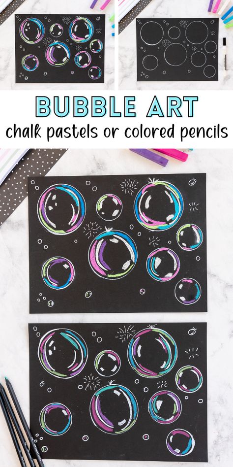 Making Bubble Art for kids is an easy project that uses either chalk pastels or colored pencils! Perfect for anyone looking to sprinkle a little artistic flair into their day. So grab your supplies, and let's get started! Chalk Bubbles Art, Chalk Art Bubbles, Bubble Chalk Art, Chalk On Paper Art, Bubble Art Project, How To Color Bubbles, Texture Art Projects For Kids, Chalk Pastels Art Ideas, Bubble Painting For Kids