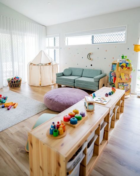 learning through play, playroom inspo, play ideas (@gemma.leigh.r) on Instagram Playroom Art Station, Playroom Living Room Ideas, Playroom Sitting Room Combo, Trofast Playroom Ideas, Kids Space In Living Room, Educational Playroom Ideas, Den Playroom Combo, Playroom Tv Room Combo, Living Room With Play Area