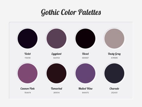 Gothic Color Palettes designed by ColorscoutsColor PalettesConnect with them on Dribbblethe global community for designers and creative professionals. Black Hair Pallete Color, Gothic Palette Color, Gothic Colors Palette, Vampire Skin Color Palette, Villian Color Pallet, Gothic Pallete Color, Goth Aesthetic Color Palette, Wednesday Addams Color Palette, Gothic Color Pallete