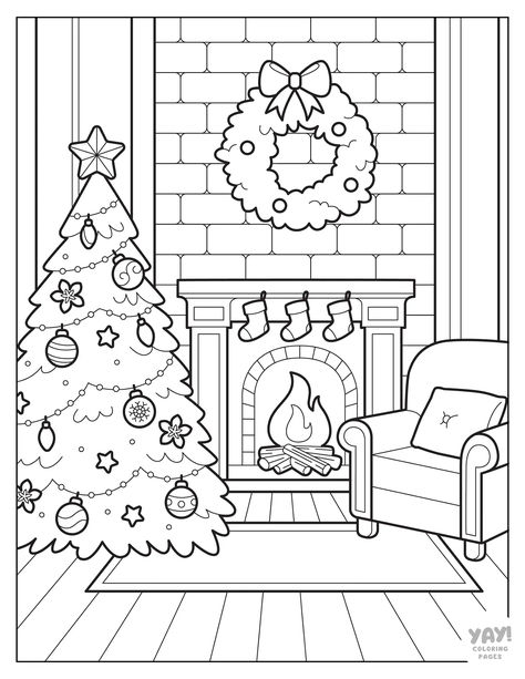 Cozy winter scene with Christmas tree, fireplace, and comfy chair