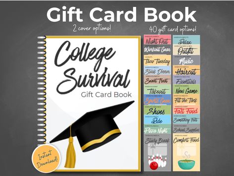 Give the most unique gift to your college bound student with this College Survival Gift Card Book, a perfect send them off on their next adventure! This Gift Card Book is filled with pages for different types of gift cards that students may need to survive their first year of college. This is a great pick-me-up for students who are far from home and could use a little encouragement. Just print out each page, add a gift card and put them into a book for a special and personalized gift! There is a College Survival Gift Card Book, Gift Card Album For College Student, Gift Card Ideas For College Students, College Gift Card Book, Gift Card Book For College Student, Books For College Students, Grad Gift Ideas, Gift Card Book, First Year Of College