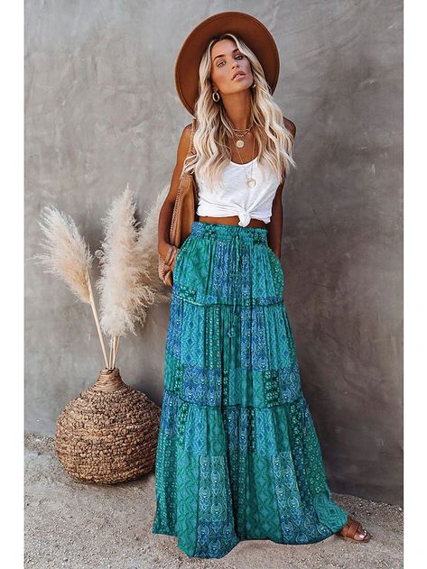 Women's Skirt Swing Long Skirt Bohemia Maxi Polyester Red Blue Purple Orange Skirts Spring & Summer Drawstring Print Vintage Boho Causal Vacation S M L 2024 - RON 147.44 Bohemian Style Skirts, Stile Boho Chic, Look Boho Chic, Ethno Style, Boho Mode, High Waist Long Skirt, Mode Hippie, Looks Country, Maxi Rok