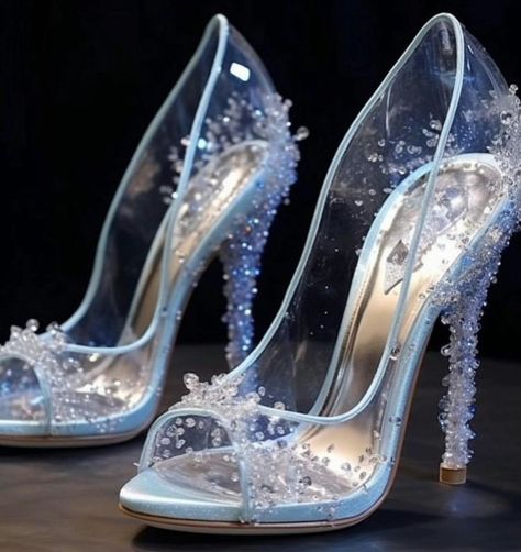 Cinderella Prom Shoes, Wedding Shoes Bride Heels Sparkle, Cinderella Quinceanera Themes Ideas, Cinderella Quinceanera Shoes, Light Blue Prom Shoes, Cinderella Themed Wedding Dress, Glass Shoes High Heels, Water Heels, Sweet 16 Shoes