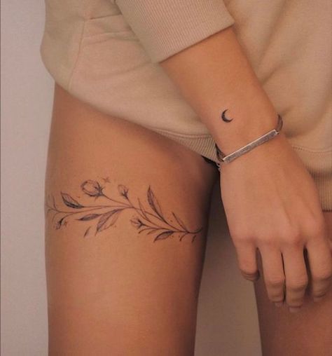 Feminine Thigh Tattoos, Calf Tattoos For Women, Small Thigh Tattoos, Thigh Piece Tattoos, Thigh Tattoo Quotes, Cute Thigh Tattoos, Cuff Tattoo, Anklet Tattoos, Hip Tattoos Women