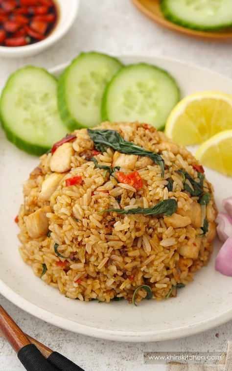 Thai Basil Fried Rice - Khin's Kitchen Bangkok Fried Rice, Vegan Thai Basil Fried Rice, Yellow Curry Fried Rice Thai, Thai Basil Rice Recipe, Thai Fried Rice Recipe Authentic, Basil Fried Rice Thai, Thai Basil Rice, Thai Fried Rice Recipe, Fried Rice Thai