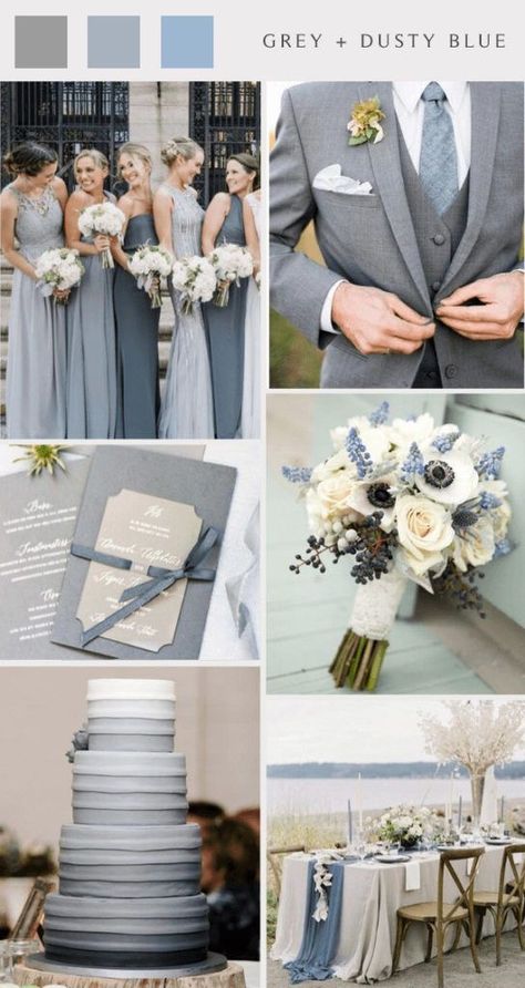 Groom Tux Colors, Grey And Dusty Blue Wedding, Gray And Dusty Blue Wedding, Dusty Blue And Grey Wedding, Gray Blue Wedding, Neutral Fall Wedding, Blue Grey Wedding, Grey Wedding Cake, Fall Wedding Color Ideas