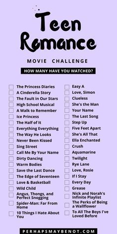 Romance Movies To Watch List, Romcom Movies List, Teen Movies To Watch, Romance Movies To Watch, Teen Romance Movies, Movies To Watch List, Movies Romance, Movie Challenge, Best Teen Movies