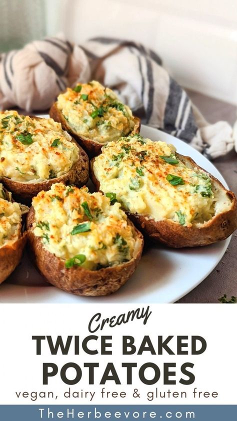 Vegan Twice Baked Potato Recipe (Dairy & Gluten Free) Paleo Baked Potato, Vegan Twice Baked Sweet Potatoes, Paleo Twice Baked Potatoes, Vegan Dutchess Potatoes, Gluten Free Twice Baked Potatoes, Gf Df Potato Recipes, Potato Dishes Vegan, Twice Baked Potatoes Healthy, Dairy Free Baked Potato Toppings