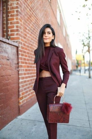 Women's Burgundy Blazer, Burgundy Cropped Top, Burgundy Dress Pants, Burgundy Leather Satchel Bag | Lookastic Burgundy Blazer Outfit, Spring Office Outfits, Pant Outfits For Women, Daily Dress Me, Vest Outfits For Women, Maroon Blazer, Dress Pants Outfits, Burgundy Blazer, Monochromatic Outfit