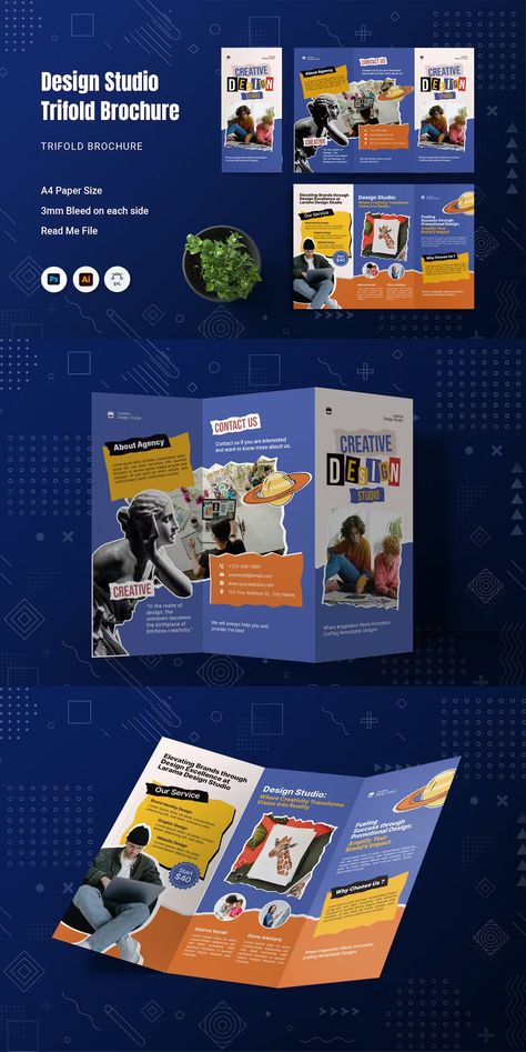 Design Studio Trifold Brochure Template AI, EPS, PSD Online Course Brochure Design, Brochure Website Design, Campaign Brochure Design, Brochure Layout Trifold, Broshour Design Idea, Brochure Flyer Design, School Leaflet Design, Ad Template Design, Collage Flyer Design