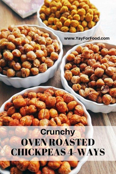 Roasted chickpeas are healthy, crunchy, addictive, and the flavour combinations are endless! Check out these 4 delicious flavours; you can't just have one! Vegan and gluten-free too! #yayforfood #vegan #snacks #chickpeas Flourless Muffins, Chickpeas Roasted, Flavour Combinations, Chickpea Snacks, Crunchy Chickpeas, Quick Treats, Snack Bites, Appetizers Recipes, Chickpea Recipes