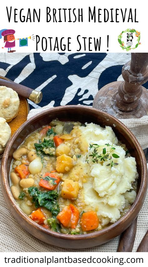 Vegan British Medieval potage stew recipe is based on the old potage recipes. Enjoy a bowl of living history either for a fun, family budget friendly, nutitrious meal or as part of a Halloween or medieval banquet. #vegan #vegetarian #plantbased #potage #pottage #medievalpotage #medievalpottage #medievalfood #medievalmealideas #halloweenfood #halloweenfoodideas #familymeals #veganstew #plantbasedstew #vegandinneridea #budgetmeal #healthymeal Vegan Cottage Core Recipes, Medieval Vegetarian Recipes, Ren Faire Food Recipes, Cottagecore Savory Food, Vegan Fantasy Food, Vegan Medieval Recipes, Hobbit Inspired Recipes, Vegan Cottagecore Recipes, British Soup Recipes