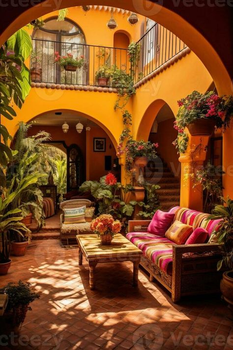 Generative AI illustration of the beauty and richness of a traditional Mexican living room and patio, with bright colors on the walls, cacti, tropical leaves, lanterns, majestic arches, and stairs Mexican Living Room Ideas, Colorful Mexican House, Mexican Patio Ideas, Traditional Mexican House, Mexican Patio Hacienda Style, Mexican Living Room, Mediterranean Revival, Mexican Hacienda, Living Ro