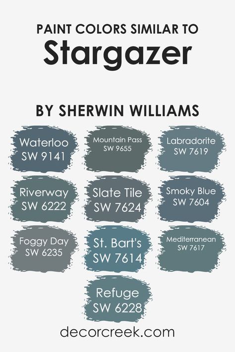 Similar colors are crucial in design, offering a cohesive aesthetic. Sherwin Williams' palette includes soothing and deep tones like Waterloo, Riverway, and Foggy Day, each evoking distinct emotions and adding depth. These hues, including Refuge, Mountain Pass, and Slate Tile, complement each other, creating a harmonious design scheme. St. Bart’s, Labradorite, and Smoky Blue add vibrancy, while Mediterranean infuses energy, completing the collection. Labradorite Paint Sherwin Williams, Blue Mystery Sherwin Williams, Sw Mountain Pass Paint, Sherwin Williams Mountain Pass Paint, Slate Blue Paint Colors Sherwin Williams, Slate Tile Sherwin Williams Bedroom, Sw Slate Tile Exterior, Slate Tile Sherwin Williams Color Scheme, Sw Slate Tile Paint