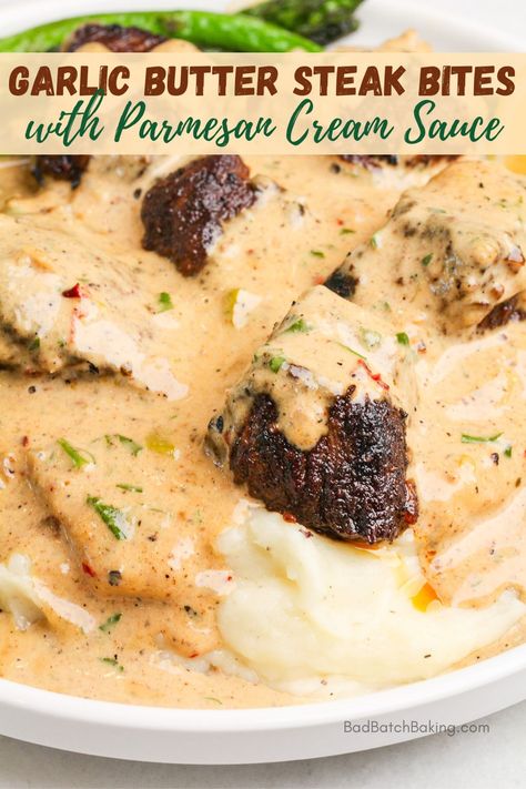 Garlic Butter Steak Bites with Parmesan Cream Sauce - Bad Batch Baking - Restaurant Copycat Recipes & Family Favorites Restaurant Copycat Recipes, Garlic Butter Steak Bites, Butter Steak Bites, Steak Dinner Recipes, Steak Bites Recipe, Restaurant Copycat, Parmesan Cream Sauce, Butter Steak, Garlic Butter Steak