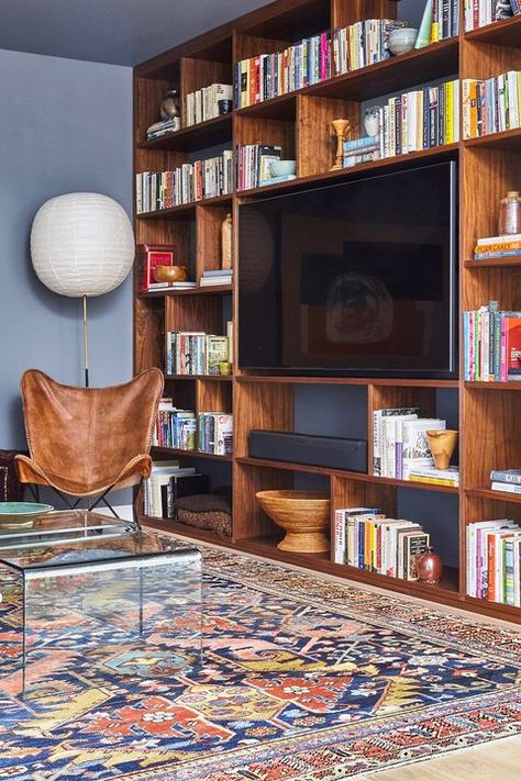 Living Room With Bookcase Wall, Best Family Rooms, Living Room Designs Bookshelves, Mcm Built In Shelves, Tv Unit And Book Shelves, Tv Unit With Book Shelves, Bookshelves In Living Room With Tv, 1970s Built In Shelves, Wall Of Built Ins