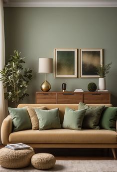 Olive Green Wall Living Room Ideas, Gold Green Brown Living Room, Gold Couches Living Room, Dark Green And Gold Living Room Decor, Green Modern Interior Design, Green Gold Wood Living Room, Green Beige Color Palette Living Room, Sage Green And Gold Living Room Ideas, Green And Gold Decor Living Room