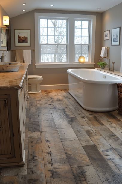 17 Gorgeous Bathroom Flooring Ideas Trends (Durability, Safety & Style) Rustic Bathroom Flooring Ideas Tile, Bathroom Flooring Wood Look, Rustic Bathroom Tile Floor, Farmhouse Tile Bathroom Floors, Wood In Bathroom Floor, Small Bathroom Flooring Ideas Vinyl, Cabin Bathroom Flooring Ideas, Epoxy Bathroom Floor Ideas, Bathroom Flooring Ideas On A Budget