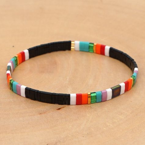 Multicolor Rectangular Bracelets For Fashion, Multicolor Rectangular Bracelets With Colorful Beads, Festival Multicolor Rectangular Beaded Bracelet, Adjustable Multicolor Inlay Bracelets, Rectangular Multicolor Bracelet, Stainless Bracelet, Beautiful Beaded Bracelet, Crystal Jewelry Sets, Rainbow Fashion