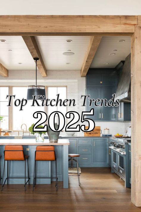 Tons of photos, ideas and inspiration for your 2025 kitchen renovation. Get to know cabinet colors, appliances, lighting, and tiles 2025 Cabinet Color Trends, Kitchen With Dark Blue Cabinets, Kitchen 2025 Design Trends, Cabinets Color Ideas Kitchen, Kitchen Design 2025 Trends, Trending Tiles Interior Design, Blue And Brown Kitchen Cabinets, Kitchen Design 2025, Kitchen Inspo 2024