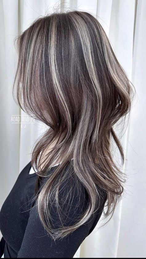 Ash Streaks On Brown Hair, Ash Colored Highlights On Dark Hair, Silver Ash Highlights On Dark Hair, Brown Hair And White Highlights, Brown Hair Ice Blonde Highlights, Layers Hair With Highlights, Brown Hair With Platinum Streaks, Hair Highlights For Dark Blonde Hair, Silver On Brown Hair