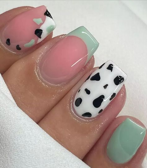 Elevate your manicure game with these chic sage green nail designs! Find inspo and ideas that are perfect for spring – just like these short sage green nails with a cow print design! Sage Green Nails, Country Acrylic Nails, Rodeo Nails, Cowboy Nails, Western Nails, Country Nails, Fake Nails Designs, Cow Nails, Cute Simple Nails