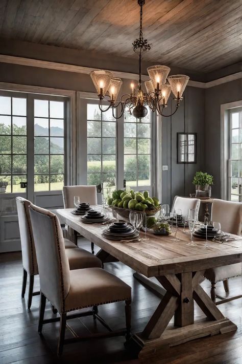 Cozy farmhouse dining room with distressed wood table and armchairs Big Table Dining Room, Small Farmhouse Dining Room, Joanna Gaines Farmhouse Dining Room, Large Dining Room Ideas, Cozy Kitchen Table, Country House Dining Room, Modern Farmhouse Dining Room Ideas, Dining Room Design Farmhouse, Whaley House