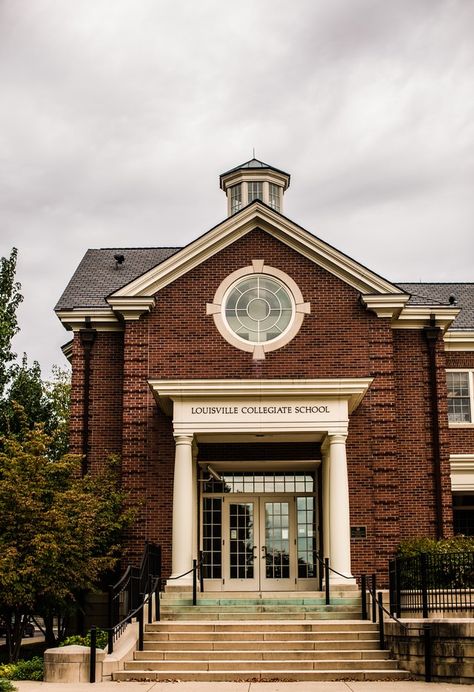 a traditional brick building with columns High School Architecture, High School In America, Boarding School Aesthetic, Private High School, School Building Design, Schools In America, Building Aesthetic, School Campus, Dream School