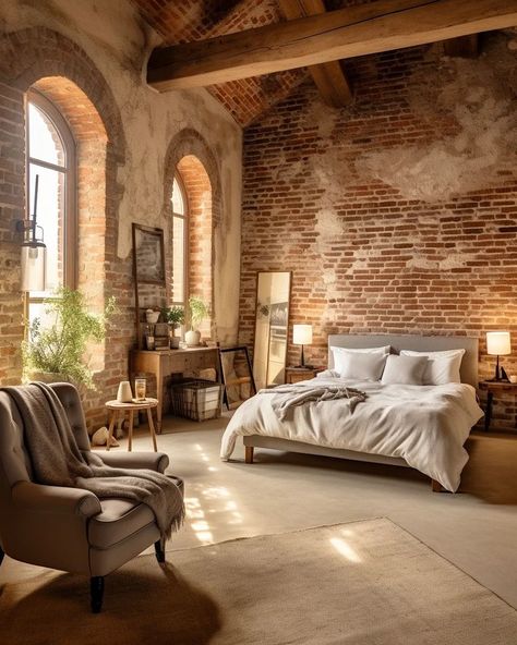 Light Brick Bedrooms ☀️🧱🛏 . . Conjured blending Midjourney AI, Photoshop and Topaz 🧙‍♂️🪄 . . .  #brick #brickhouse #bedroomdecor… | Instagram Shabby Chic Industrial Decor, Brick Wall Bedroom, Brick Bedroom, Eclectic Loft, Brick Interior, Light Brick, Loft Interiors, Lifestyle Ideas, Exposed Brick Walls