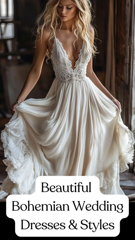 A beautiful Bohemian wedding dress with flowing fabrics and unique details, capturing the essence of boho-chic elegance. Princess Boho Wedding Dress, Diy Boho Wedding Dress, Casual Floral Wedding Dress, Boho Wedding Dress Lace Romantic, Hippie Boho Wedding Dress, Vow Renewal Ideas Dresses, Boho Fall Wedding Dress, Unique Wedding Dresses Different, Mystical Wedding Dress