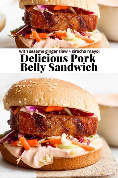 Pork Belly Sandwich - a delicious pork belly sandwich recipe (smoked or roasted) with sesame ginger slaw + spicy mayo! #porkbellysandwich #porkbellysandwichrecipes #porkbellysandwichcrispy Pork Belly Recipes Sandwiches, Pork Roll Sandwich, Pork Belly Sliders Recipe, Pork Belly Sandwich Recipes, Pork Belly Burger, Pork Belly Sliders, Pork Belly Sandwich, Ginger Slaw, Asian Pork Belly