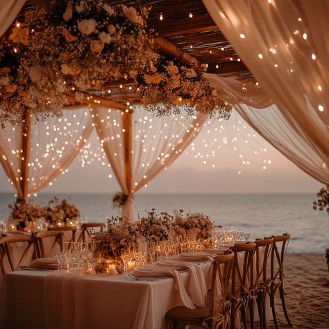 Create the perfect romantic beach wedding with this breathtaking sunset setup. Featuring soft draped fabric, glowing twinkling lights, and elegant floral centerpieces, this venue transforms a seaside setting into a fairytale. The serene ocean backdrop and intimate lighting make it ideal for couples seeking a magical, unforgettable wedding day. Save this pin for inspiration on planning your luxurious beach wedding! #BeachWedding #SunsetWedding #WeddingInspiration #RomanticWeddings #TwinkleLights Pretty Beach Weddings, Beach Wedding Lounge Area, Beach Wedding Pink Color Schemes, Beach Classy Wedding, Sunset Boho Wedding, Wedding At Sunset, Terracotta Beach Wedding, Oceanfront Wedding Reception, Beach Wedding Intimate