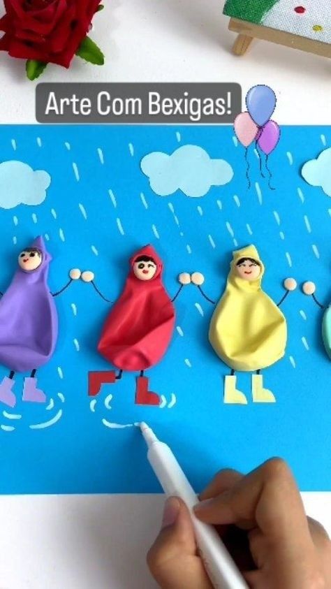 Raincoat Craft For Preschool, Art Crafts For Preschoolers, Art Kits For Kids, Easy Art For Kids, Balloon Crafts, Balloon Ideas, Preschool Arts And Crafts, Hand Crafts For Kids, Handmade Paper Crafts