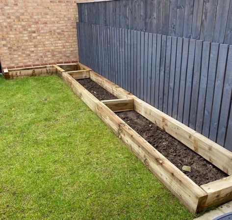 Sleeper Raised Beds Patio, Small Garden Raised Borders, Raised Flower Beds Sleepers, Raised Bed With Sleepers, Raised Sleeper Flower Beds, Wooden Sleepers Garden, Raised Flower Bed Front Of House, Sleeper Garden Beds, Raised Garden Borders