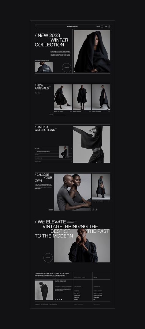 MONOCHROME on Behance Fashion Site Design, Monochromatic Website Design, Dark Mode Website Design, Cloth Website Design, Website Fashion Design, Clothing Websites Design, Black Website Design Inspiration, Look Book Design Layout, Website Design Inspiration Dark