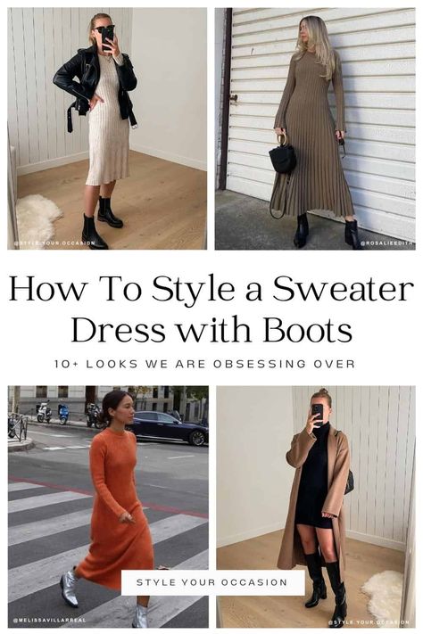 Wondering how to style sweater dress with boots? See these sweater dress outfit ideas for fall and winter with different dress and boot styles. Wear this look for Thanksgiving or Christmas, or for a casual day of the week. Knitted Dress And Boots, Oatmeal Sweater Dress Outfit, Sweater Dress With Scarf, Winter Boots With Dress, Winter Dress And Boots, Long Sweater Dress Outfit Winter, Long Knit Dress Outfit Winter, Dress With Boots Winter, Midi Sweater Dress Outfit