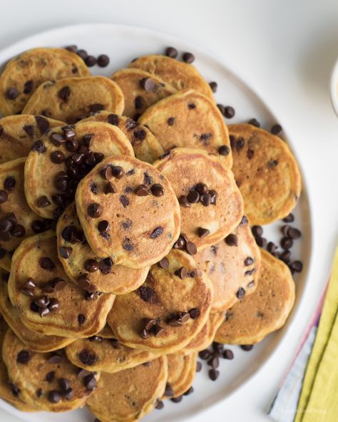 One-Bowl Pumpkin Chocolate Chip Mini Pancakes · i am a food blog i am a food blog Best Ever Pancakes, Pancake Box, Vegetarian Breakfasts, Holiday Breads, Pumpkin Chocolate Chip Pancakes, Recipe Easy Quick, Healthy Pumpkin Dessert, Fall Recipes Breakfast, Pancake Recipe Easy