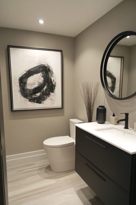 40 Chic Powder Room Ideas That Suit Every Guest's Tastes Organic Modern Half Bathroom Ideas, Mens Half Bathroom Ideas, Main Floor Powder Room, Washroom Wallpaper Ideas, White Sink Black Faucet Bathroom, Aesthetic Half Bathroom, Half Bath Decor Ideas Modern, Wall And Trim Same Color Bathroom, Dark Wall Powder Room