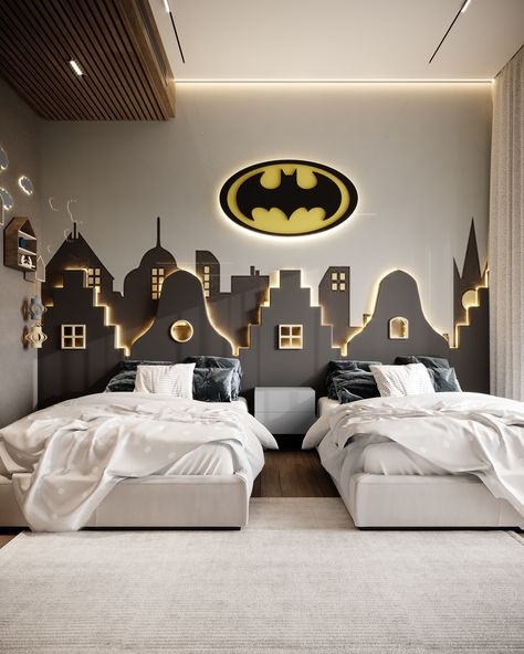 Batman Themed Bedroom, Spiderman Bedroom, Batman Bedroom, Spiderman Room, Batman Room, Sibling Room, Kids Rooms Inspo, Kids Shared Bedroom, Superhero Bedroom