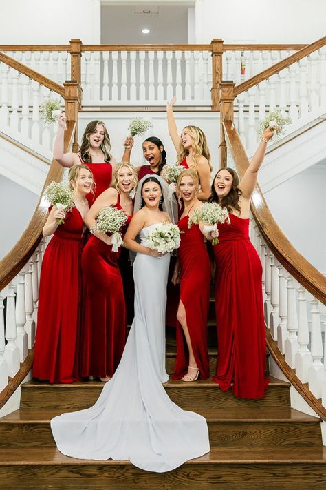 These bridesmaids were such a good time which made it so easy to capture so many wedding bridesmaid poses with the bride! I loved the color of their long burgundy bridesmaids dresses and their baby's breath bouquets made their dresses pop so perfectly. Click the pin to discover more wedding bridesmaid photo ideas, pre wedding bridesmaid photos, unique bridesmaid photos, brides and bridesmaid photoshoot ideas, bridesmaids poses, bridesmaid pictures getting ready, and more! Bride And Groom And Bridesmaids, Bridemates Photoshoot, Wedding Bridesmaid Poses, Bridesmaids Photoshoot Ideas, Bride With Bridesmaids Pictures, Bride And Bridesmaid Photo Ideas, Bridesmaid Poses With Bride, Poses With Bride, Bridesmaid Pictures Getting Ready