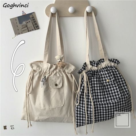 Korean Bag, Plaid Tote Bag, Tote Bag With Pockets, Plaid Tote, Drawing Bag, String Bag, Cute Tote Bags, Cute Bags, Large Bag