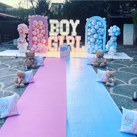 Decoration Ideas For Gender Reveal Party, Gender Reveal Location Ideas, Pink Blue Baby Shower Ideas, Fancy Gender Reveal Party, Big Gender Reveal Ideas, Sleeping Beauty Gender Reveal, Blue And Pink Baby Shower Ideas, Pink And Blue Gender Reveal Decorations, Gender Reveal Party Ideas Decorations