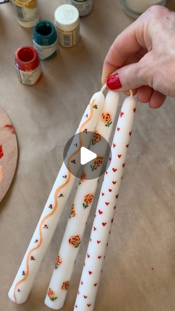 Gamze Sankaya on Instagram: "DIY If you’re looking for a simple craft project, this is the one! All you need are some taper candles & acrylic paint 🎨 🕯️ #candle #painting #candlepainting #diy #diyproject #craft #craftideas #handpainted" Painted Taper Candles Diy, Christmas Candles Painting, Painted Candlesticks Diy, How To Paint Candles, Candle Painting Ideas, Diy Taper Candles, Painted Taper Candles, Candle Painting, Candle Designs