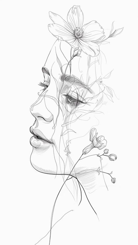 Sketch Of Woman Face, Body And Flowers Drawing, Peace Flower Drawing, Flowers On Face Drawing, Ethereal Line Art, Sketches Of Women Body, Complex Drawing Ideas, Face Flowers Drawing, Thinking Face Drawing